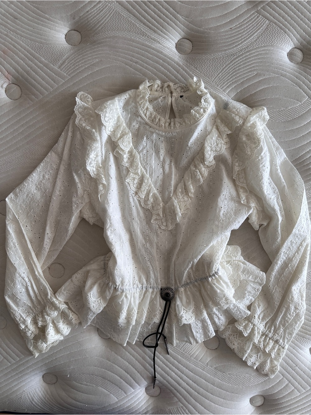 The Kooples White Eyelet Lace Ruffle Bolo Tie Top